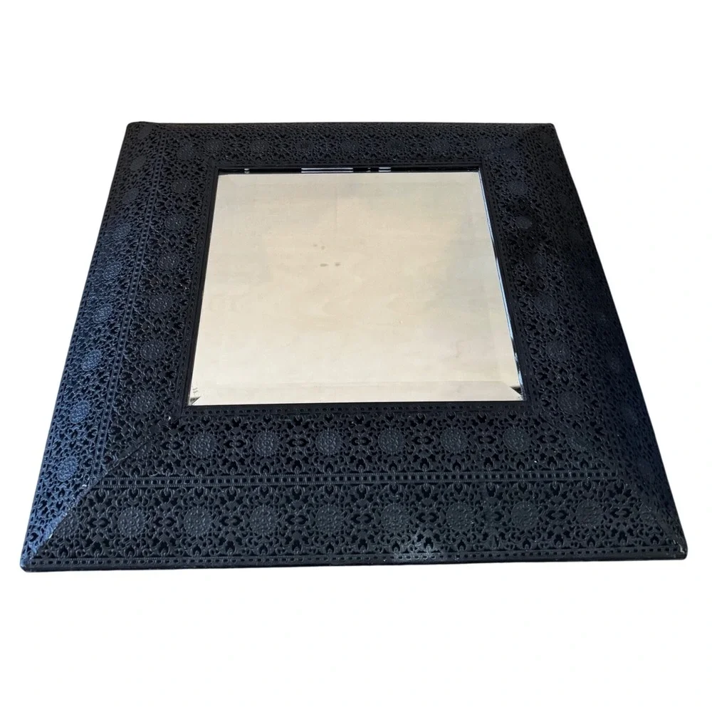 Black Filigree Metal Square Wall Mirror‎ Moroccan Boho Decorative 15.5 Inch